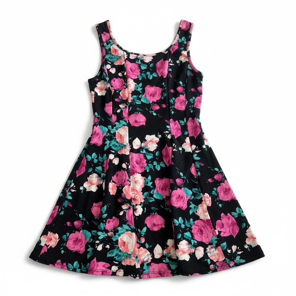 Y2K Floral Sleeveless Dress - Black and Pink Body Central Size S Flirty Spin